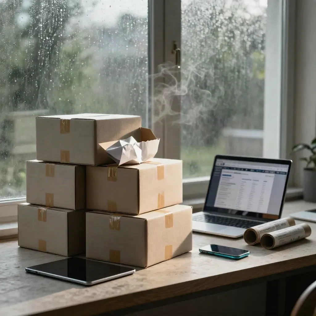 Hoge stapel webshopdozen, laptop, telefoon en tablet in een regenachtig marketinghoekje.