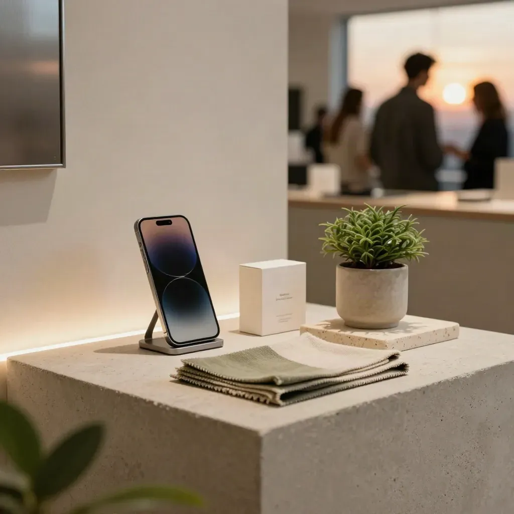 Showroomhoek met telefoonstandaard, stofstaal, doosje en plant bij onscherpe social feed.