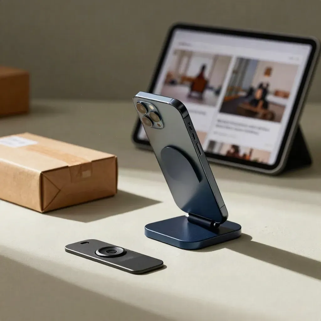 Telefoon op standaard met tabletvarianten en webshopprops op een lichte werkbank in studio.
