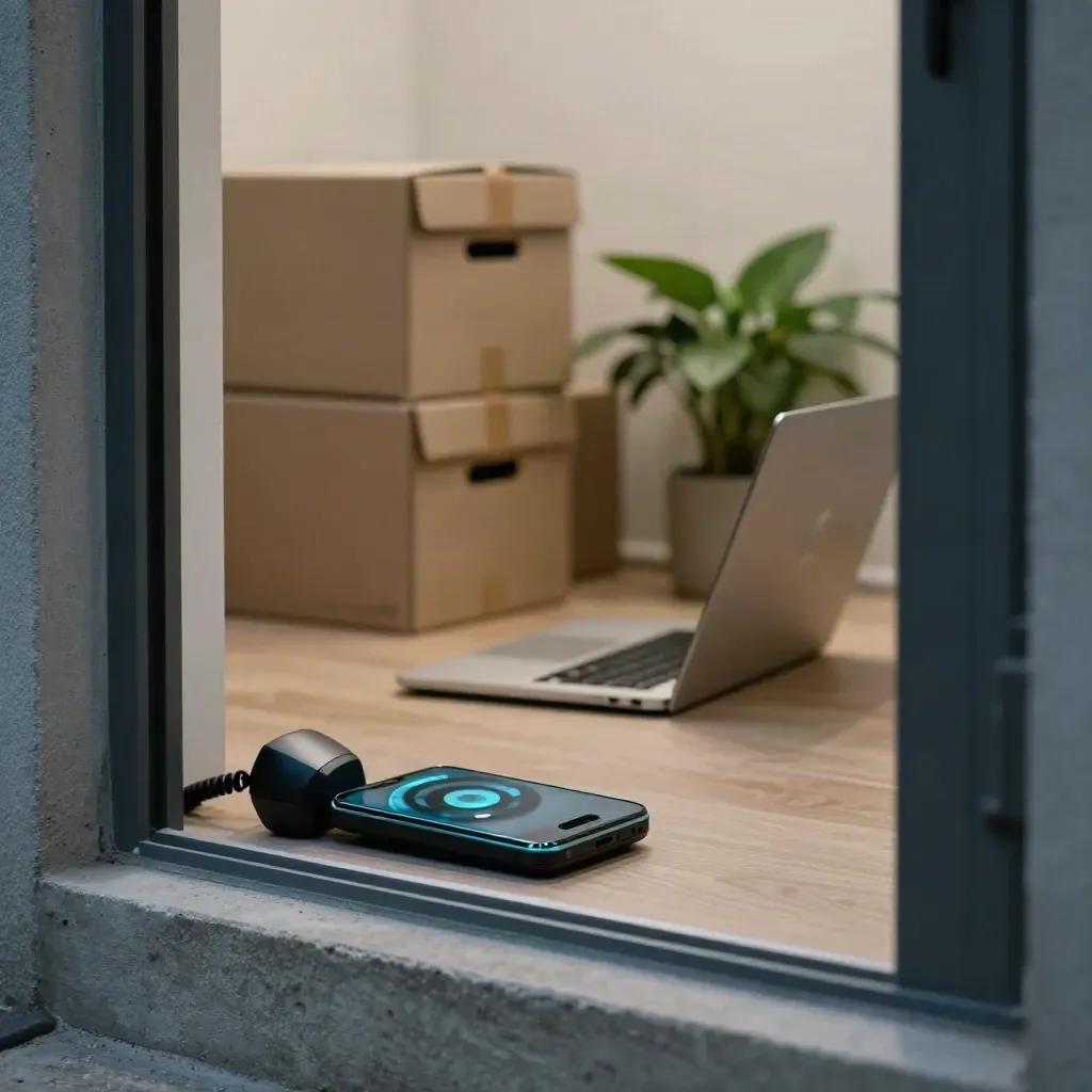 Telefoon, dozen, laptop en plant bij een deuropening in koel schemerlicht.