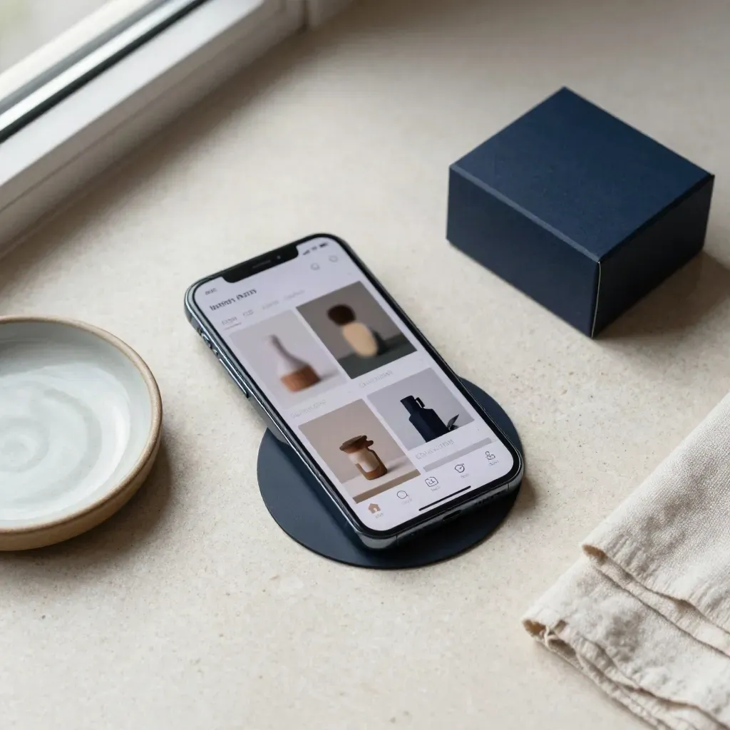 Bovenaanzicht van smartphone, productdoosje, keramische schaal en gevouwen stofstaal.