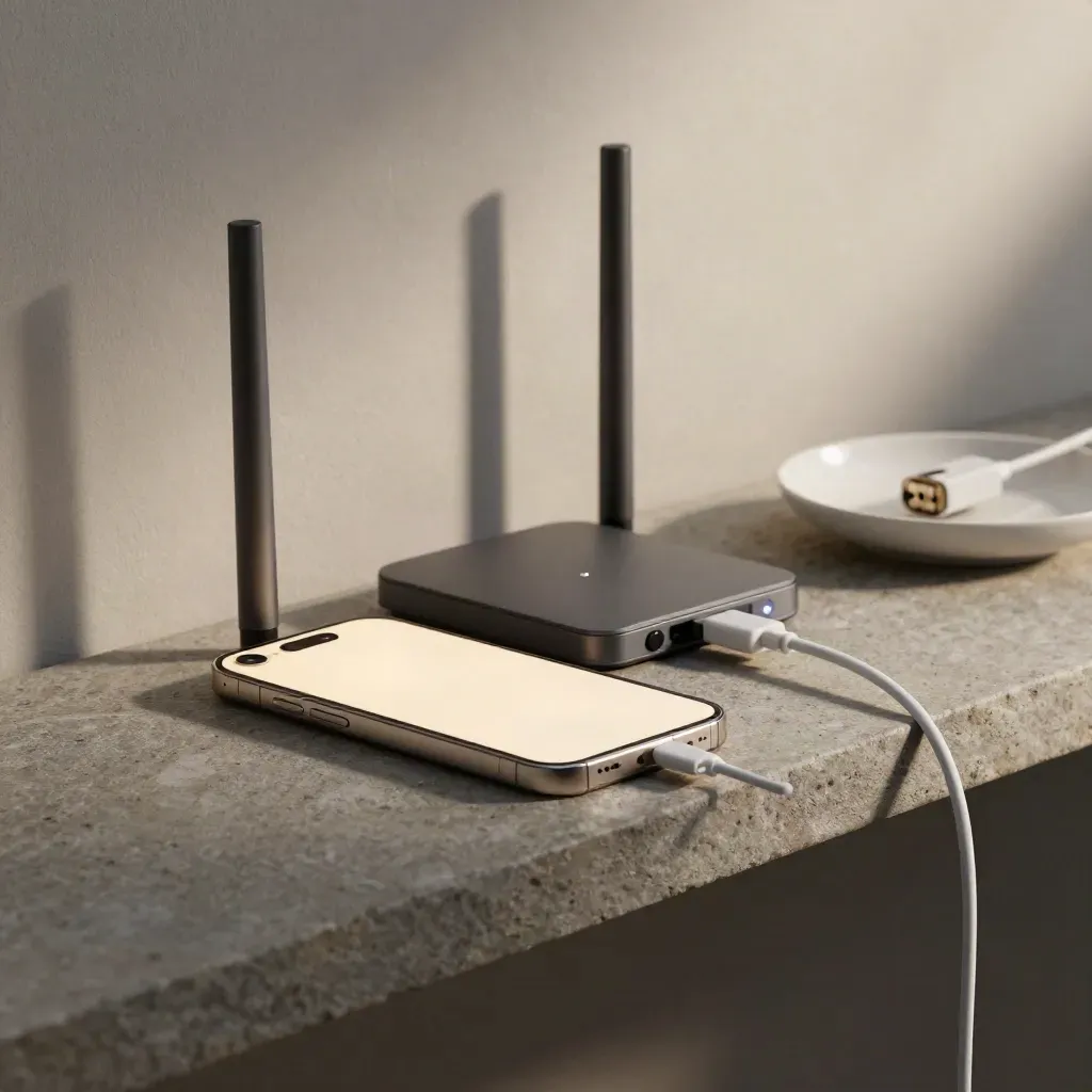 Trackinghub met smartphone, router, kabel en witte schaal op een stenen plank.